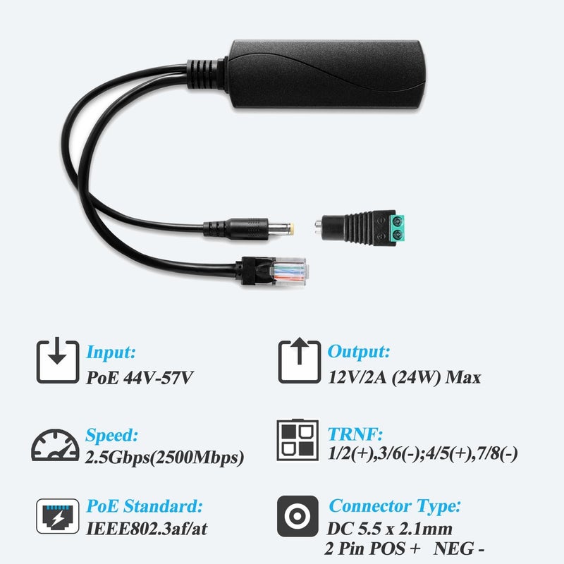 REVODATA 2.5G Ethernet PoE Splitter 12V/2A with DC Female Connector, DC 5.5 * 2.1mm Plug, 48V PoE to DC 12V/2A 24W Output, Compliant with IEEE 802.3af/at for DIY & Various Scenarios (PS5712TG-B) - Image 3
